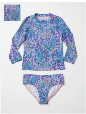 Lilly Pulitzer Rash guard set Bobby swimsuit 12 large pink blue swim long